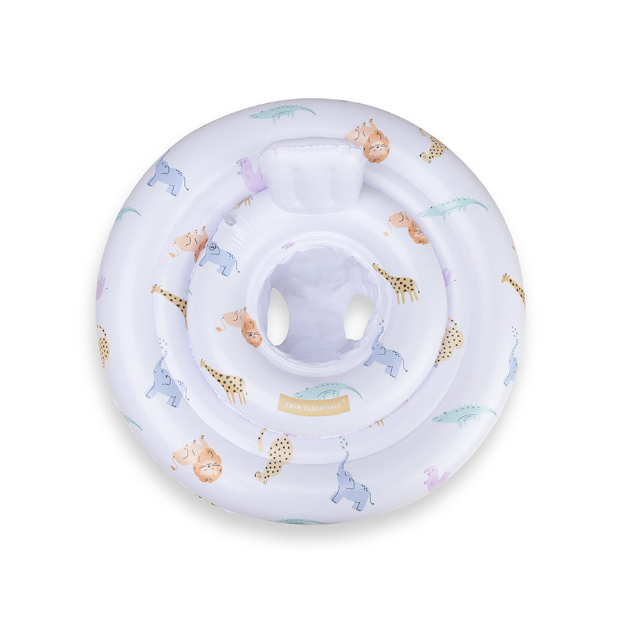 The top of a white baby float featuring an animal print, with animals such as an elephant, a lion, and a giraffe. On a white background.