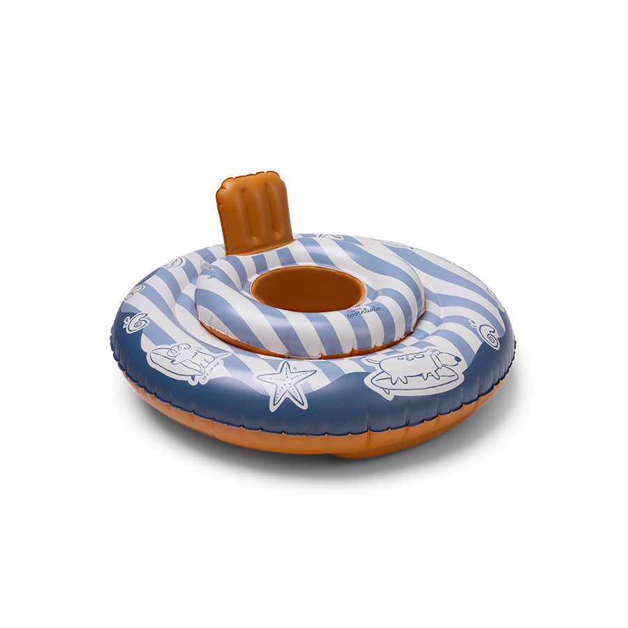 Inflatable baby float featuring a blue and white striped pattern and cartoon characters. The swim ring has a brown bottom and a small ‘Swim Essentials’ logo on it on a white background.