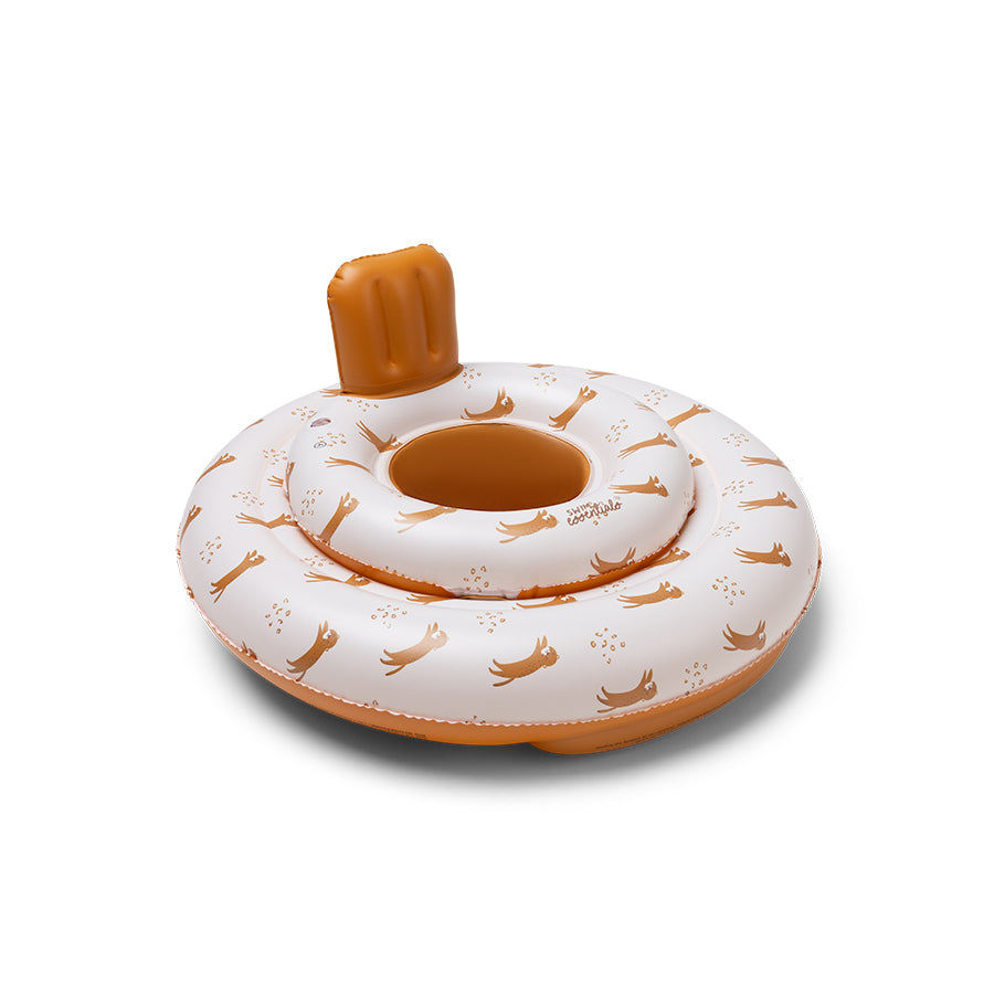 A brown-beige baby float with a tiger and paw prints, with a small ‘Swim Essentials’ logo on a white background