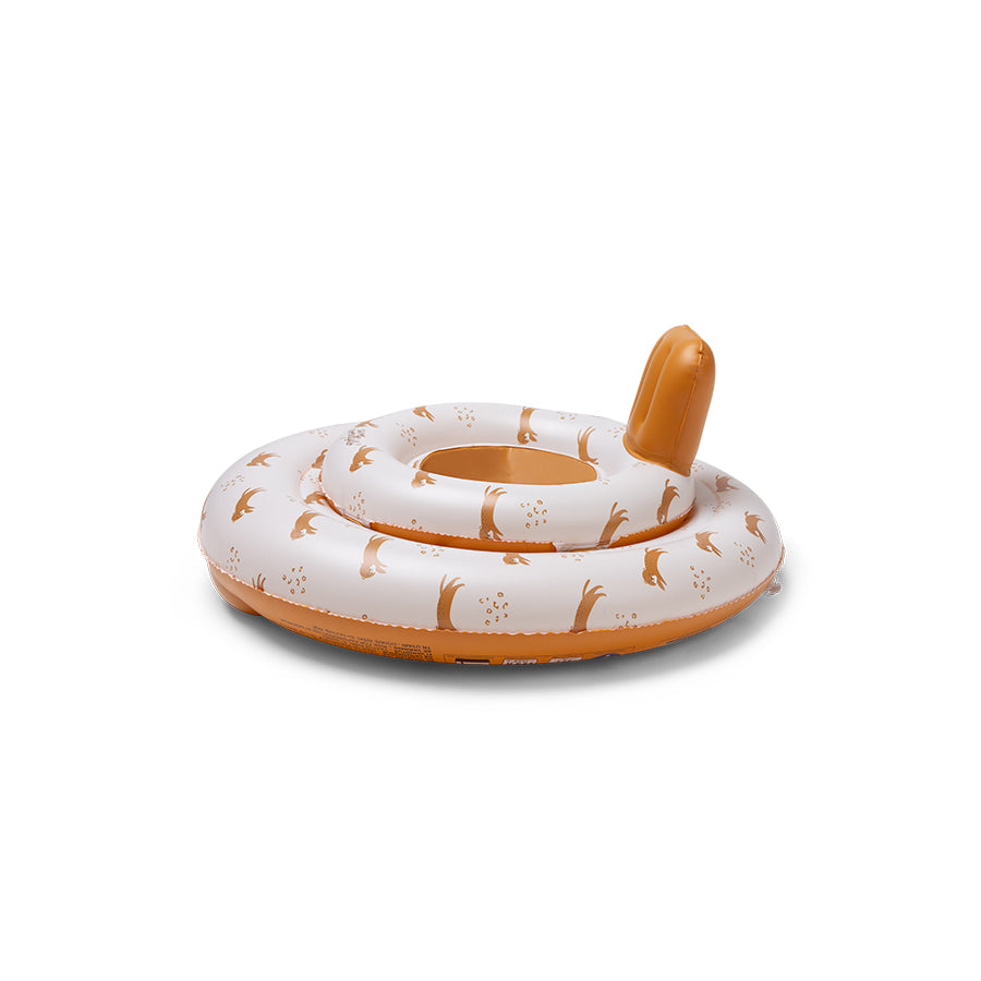 The side of a brown-beige baby float with a tiger and paw prints on it, with a small ‘Swim Essentials’ logo on it on a white background