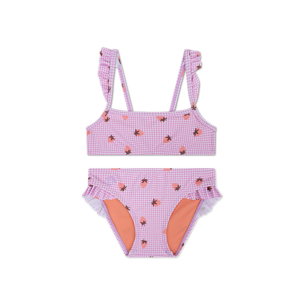 Bikini with pink checkered pattern on a white background
