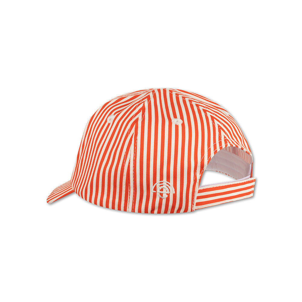 Red and white striped cap from the back on a white background