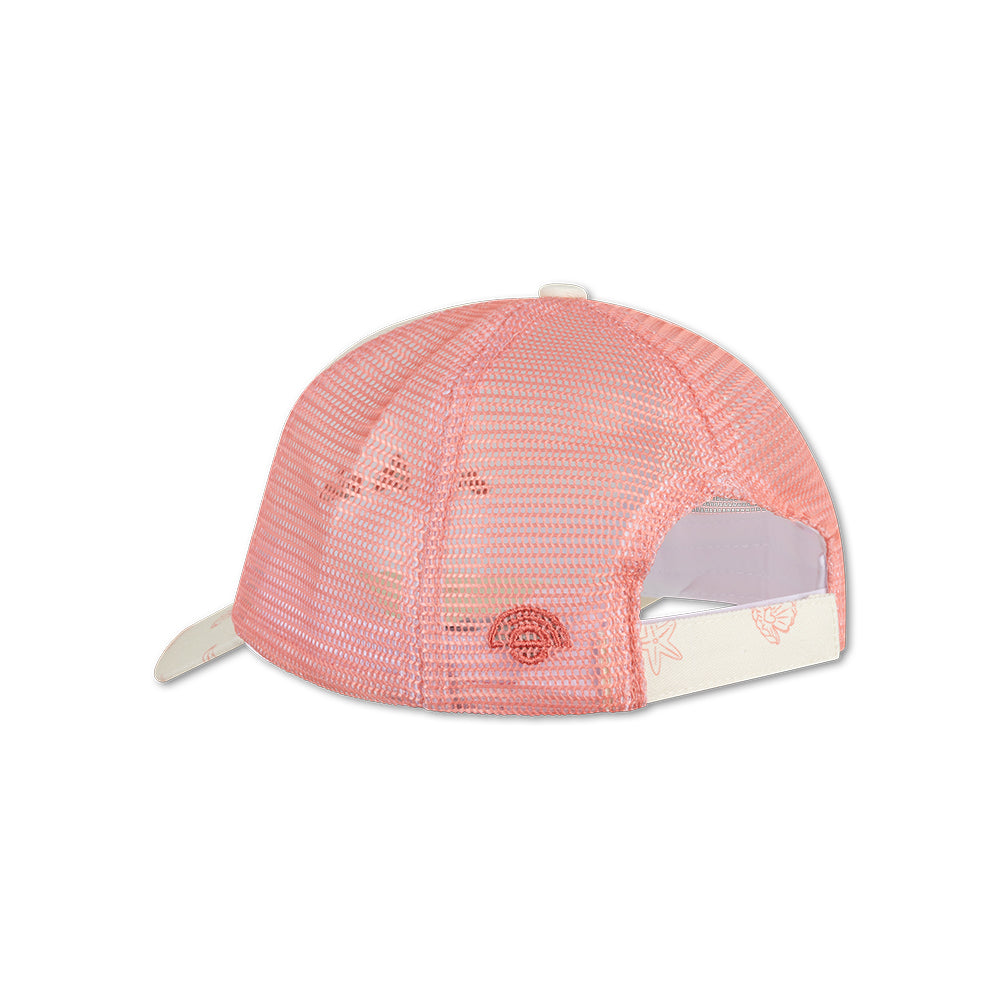 Back of a Pink mesh cap with white brim on a white background