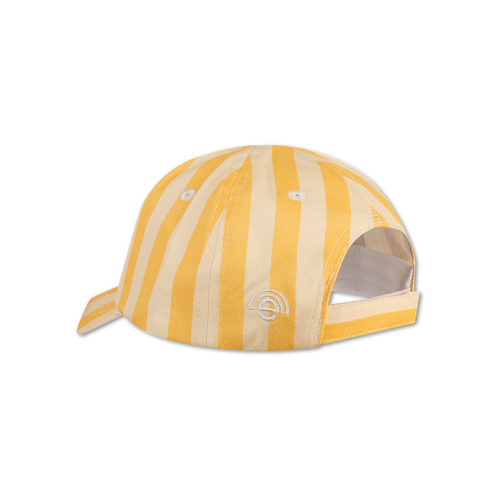 Back of a Yellow and beige striped cap on a white background with swim essentials logo