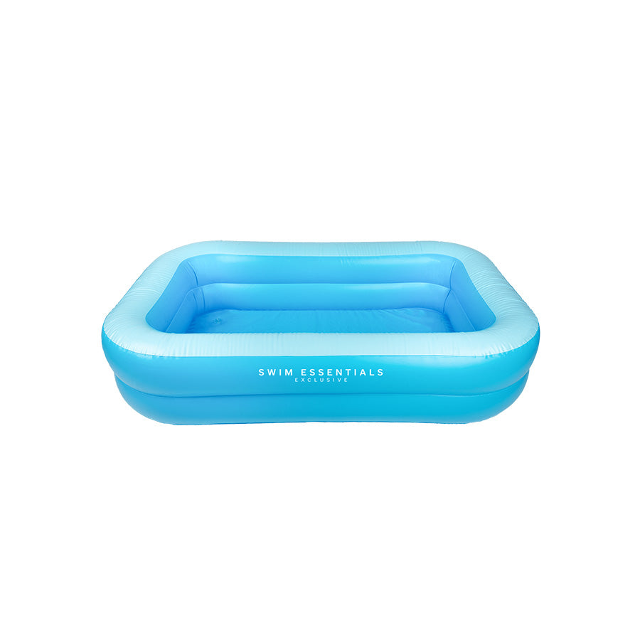 Blue inflatable pool with 'Swim Essentials' logo on a white background