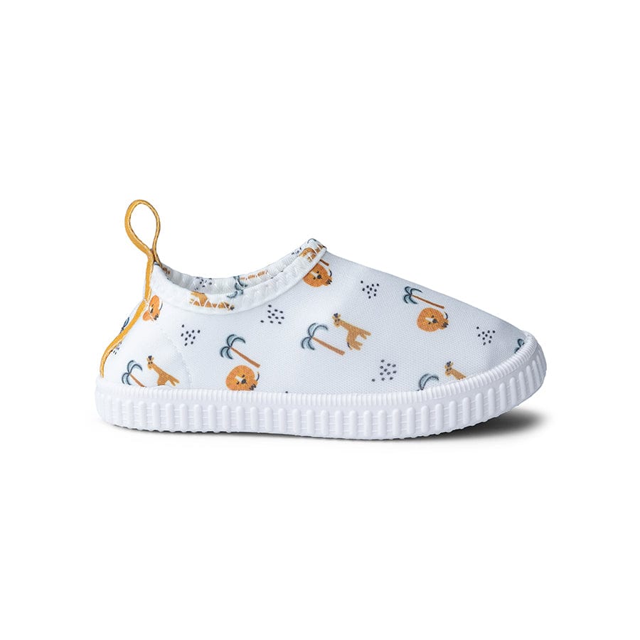 White water shoes with animal pattern on a white background