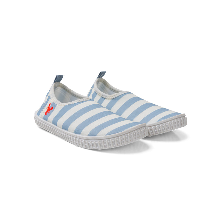 Pair of blue and white striped water shoes on a white background