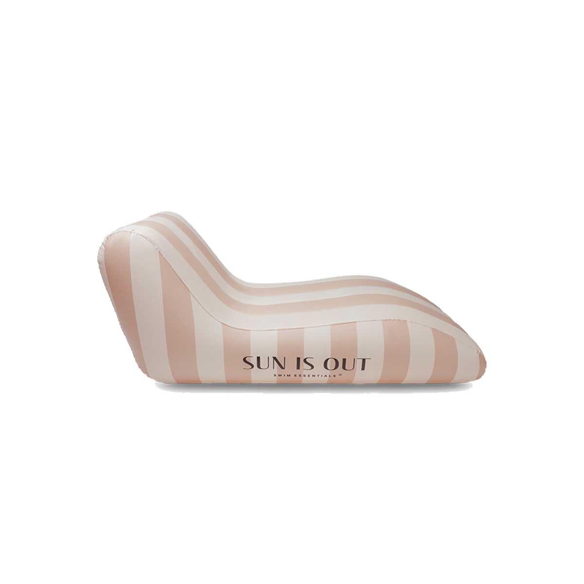 The side of a lounge float with beige stripes. The text "Sun is out" is printed on the side. It is shown against a white background.
