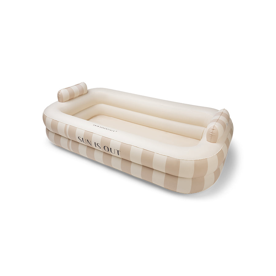 Inflatable pool with beige striped pattern and a text 'Sun is out' on a white background