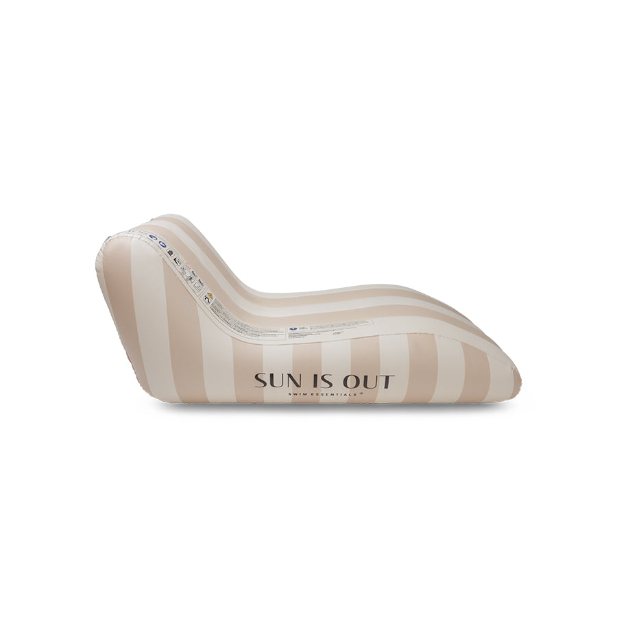 The side of an inflatable premium lounge float with 'Sun is Out' text on it on a white background
