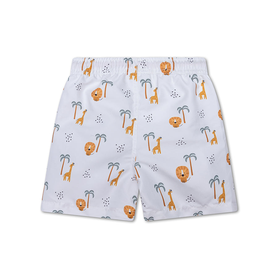 The back of children's swim shorts with Junlge pattern on a white background
