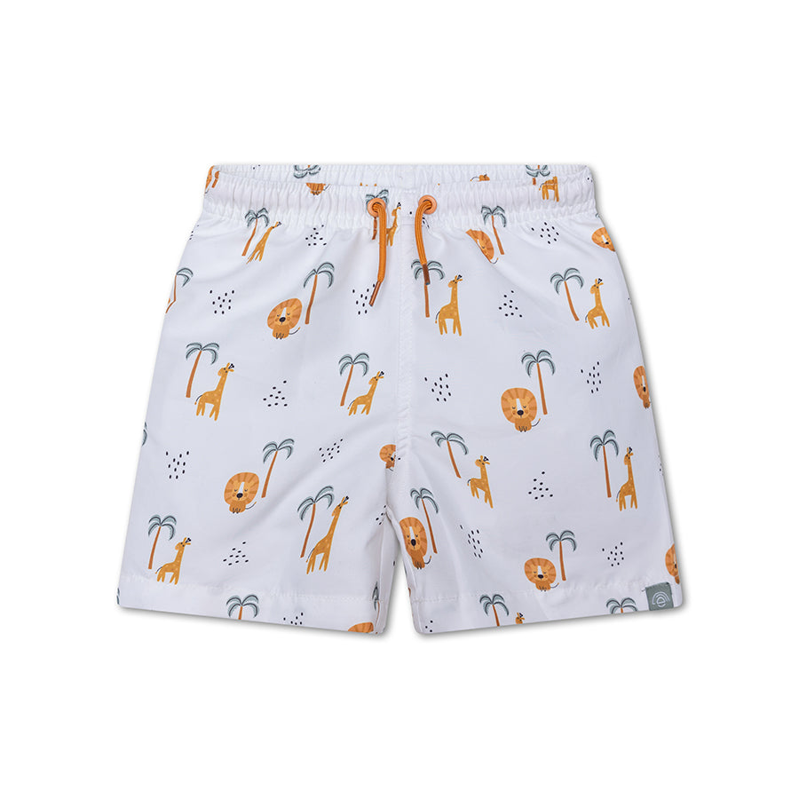 Children's swim shorts with Junlge pattern on a white background