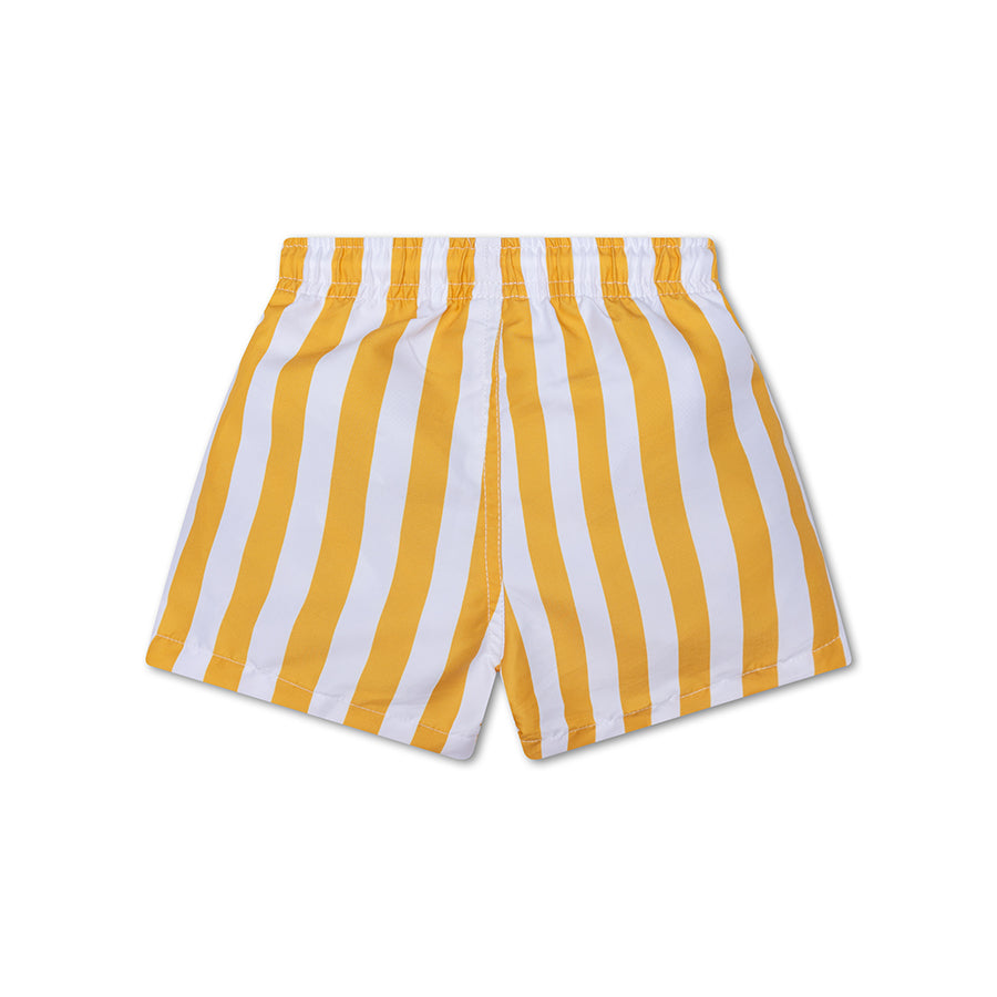 The back of Yellow and white striped swim shorts on a white background