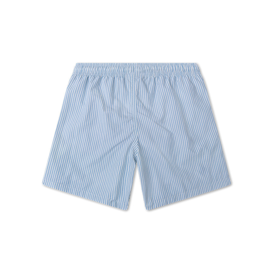 The back of blue and white striped swim shorts on a white background