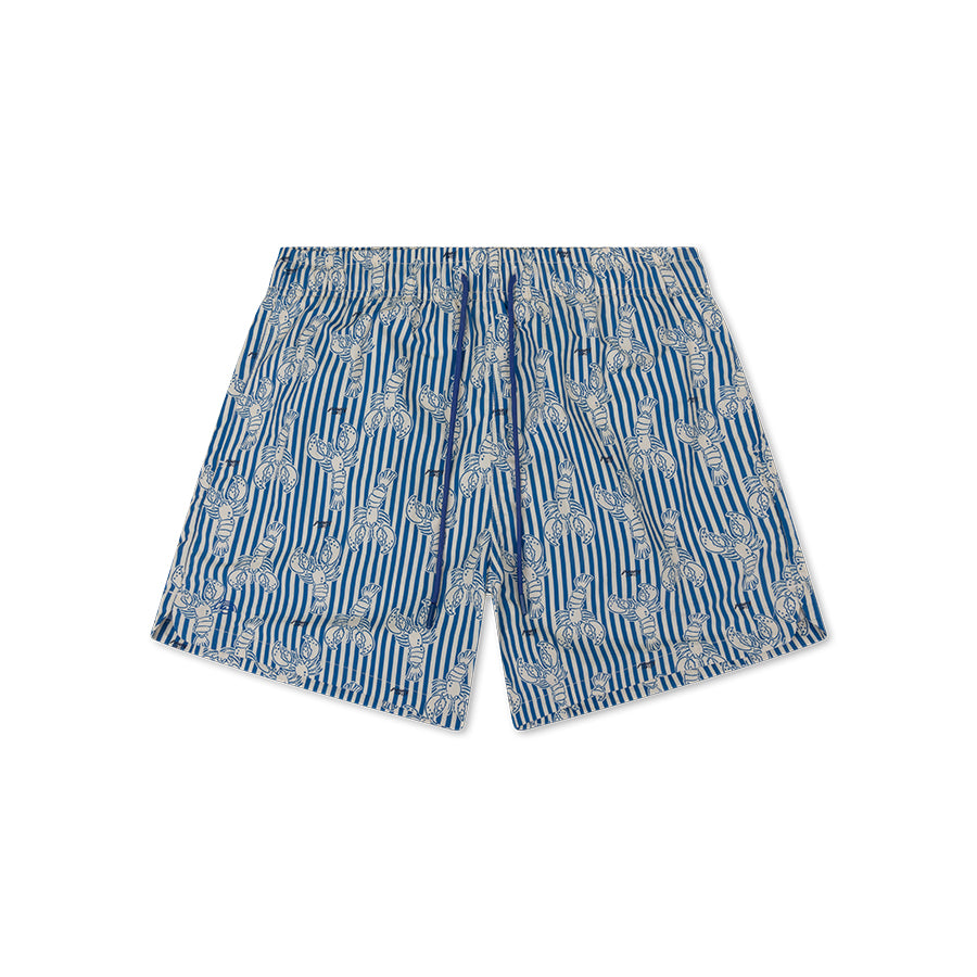 Blue swim shorts with a white pattern on a white background