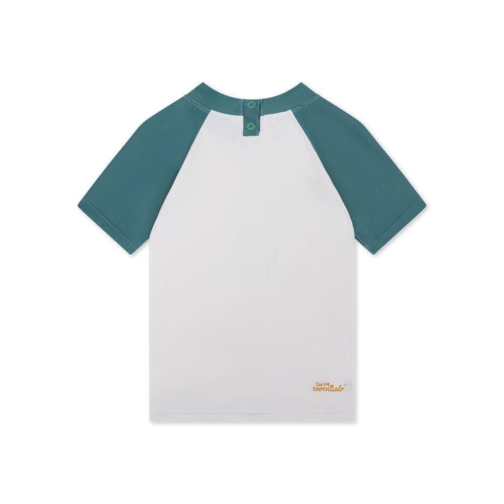 White t-shirt with short green sleeves on a white background