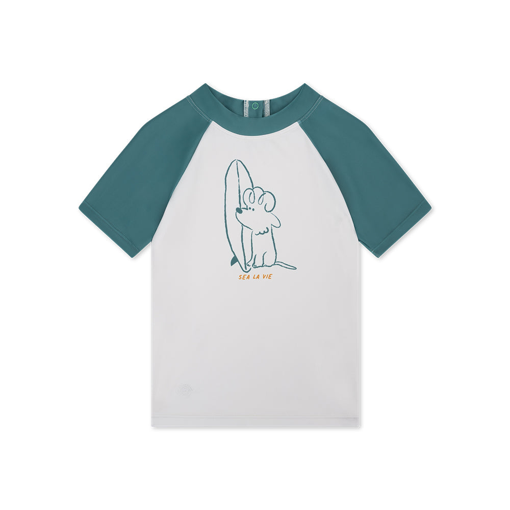 Children's short-sleeve t-shirt with a dog logo and a Sea La Vie text on a white background