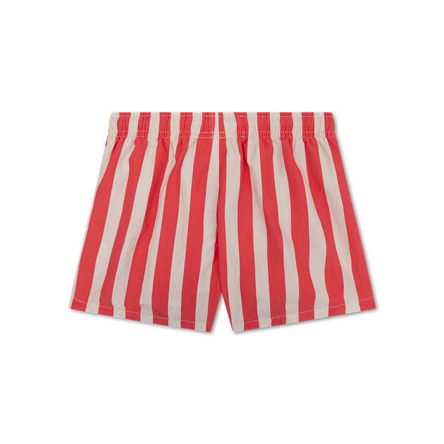 The back of red-and-white striped swim shorts. The background is white.