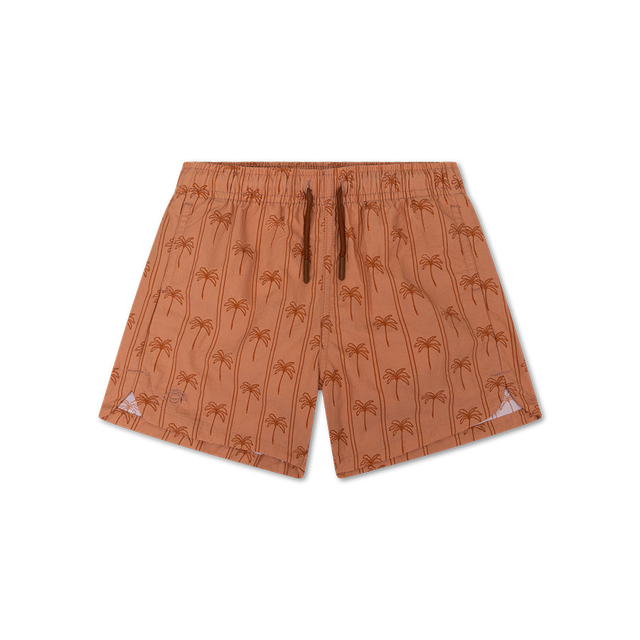 The front of boys swim shorts. They are brown and feature stripes and palm trees. The swim shorts have brown drawstrings to tighten them. There is also a white background.