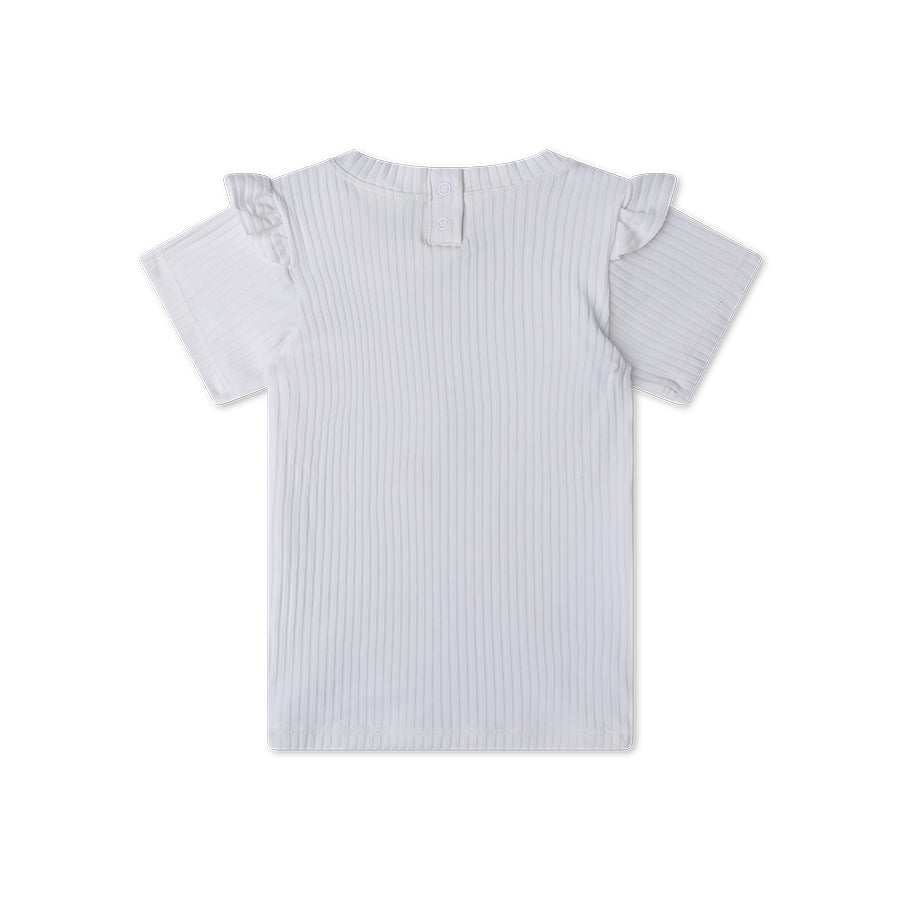 White short-sleeve t-shirt with ruffled sleeves on a white background