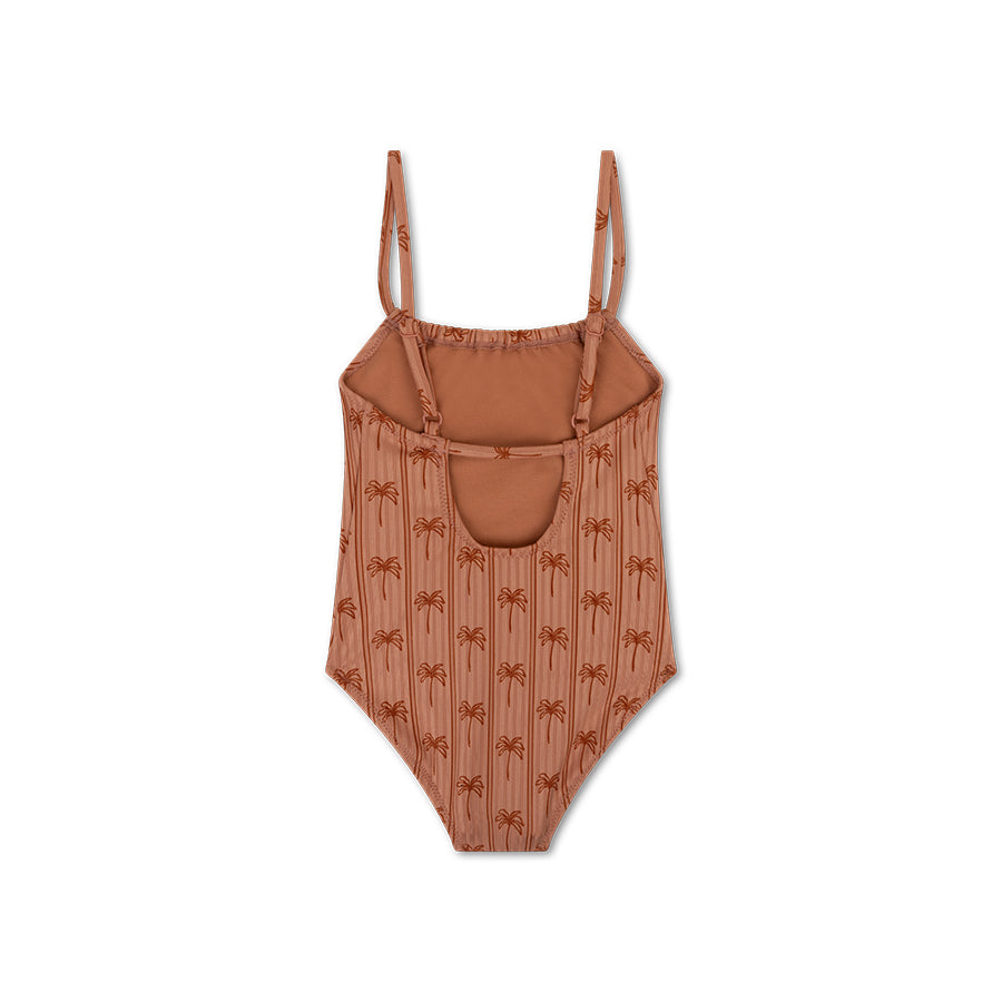 The back of a Brown one-piece swimsuit with a pattern on a white background