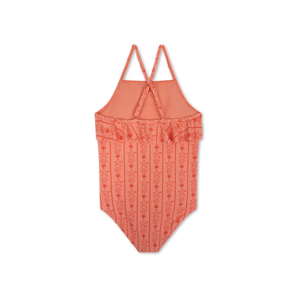 The back of a coral lace swimsuit on a white background