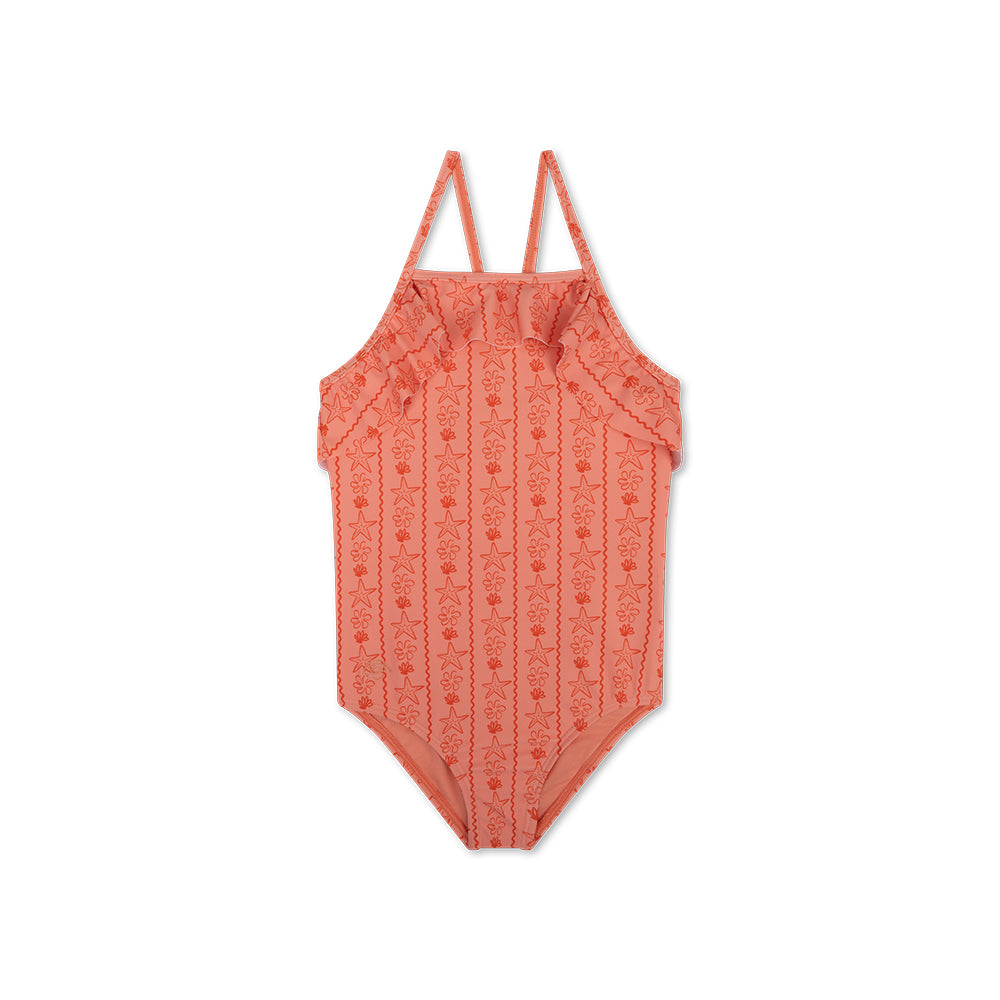 Coral lace one-piece swimsuit on a white background