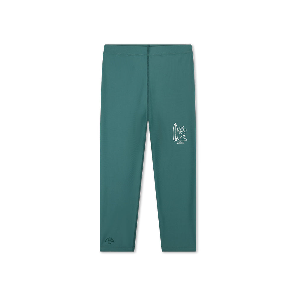 Green leggings with a white logo on the right leg in a white background