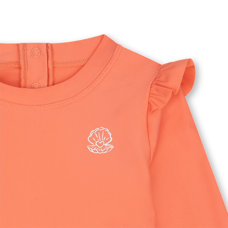 Orange long-sleeve swim t-shirt with a white Shell logo on a white background.
