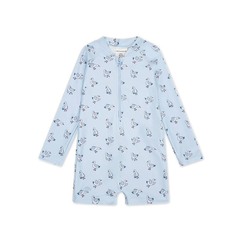 Light blue swimuit with seagull
pattern on a white background