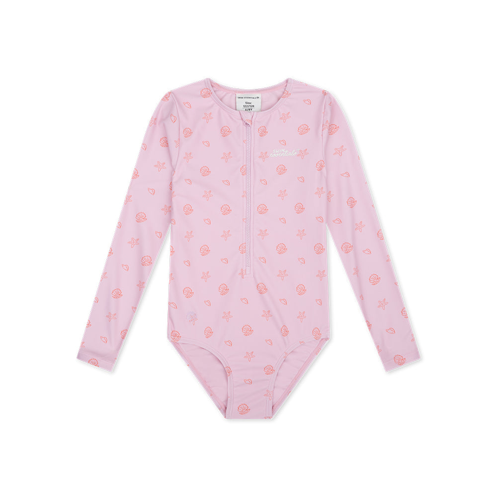 Pink Shell Tastic girls swimsuit with long sleeves and a zip with seashell pattern on a white background
