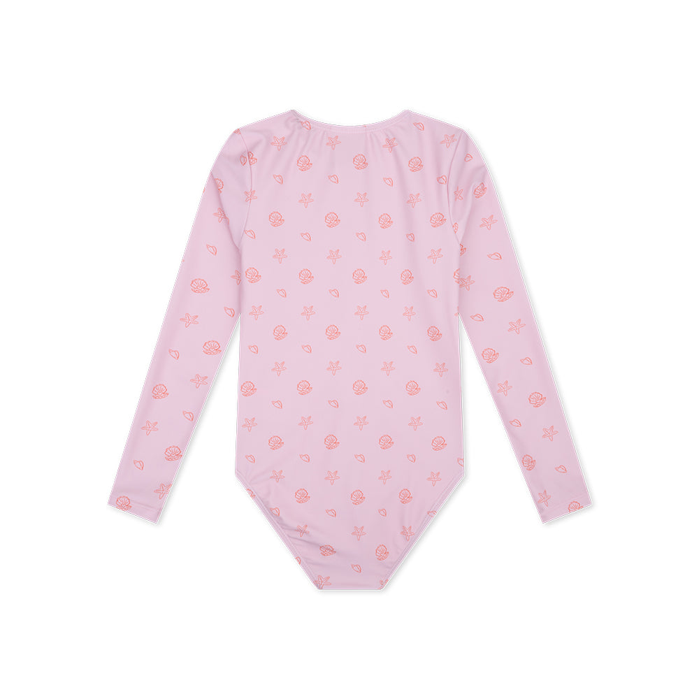The back of the Pink Shell Tastic swimsuit with long sleeves, and a seashell pattern.