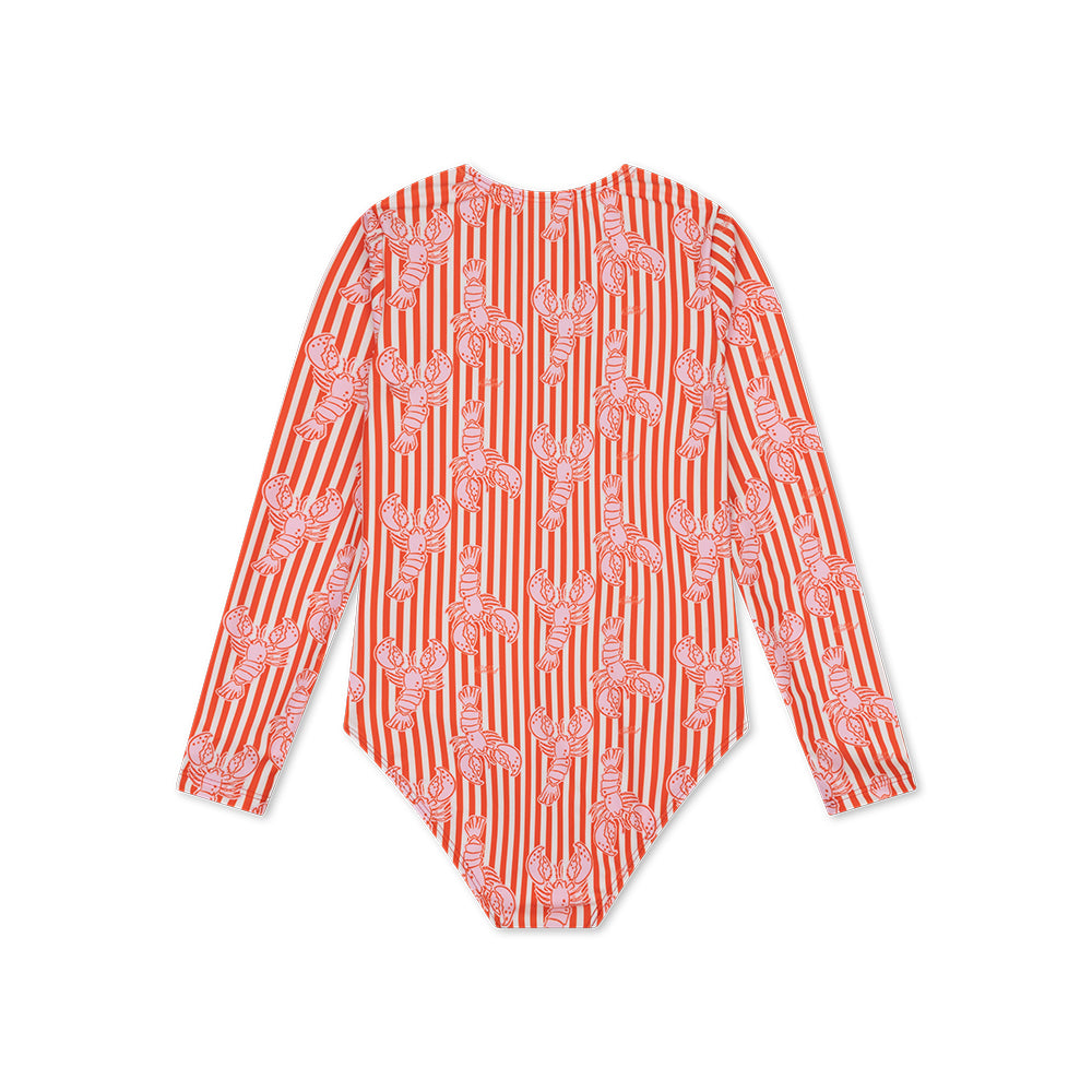 The back of the red and white striped Lobster-swimsuit with long sleeves on a white background.