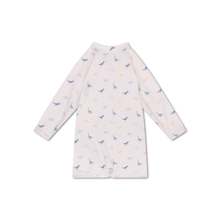 The back of a children's long-sleeve uv swimsuit with dinosaur pattern on a white background