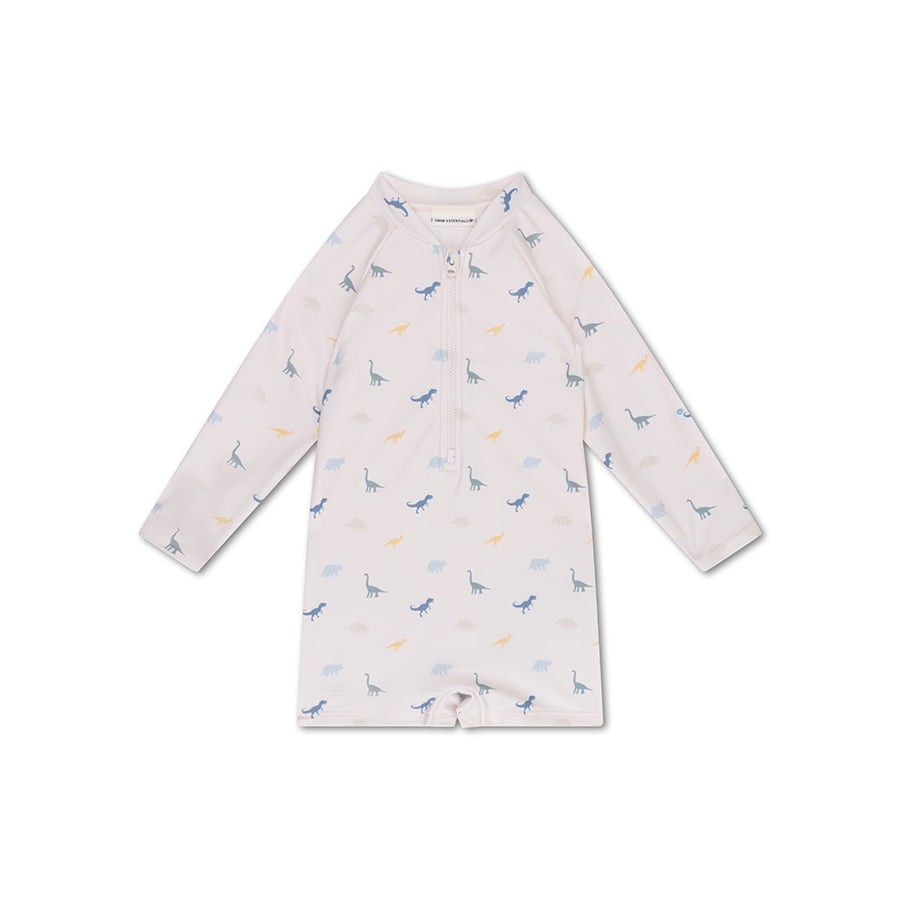 The front of a children's long-sleeve uv swimsuit with dinosaur pattern on a white background