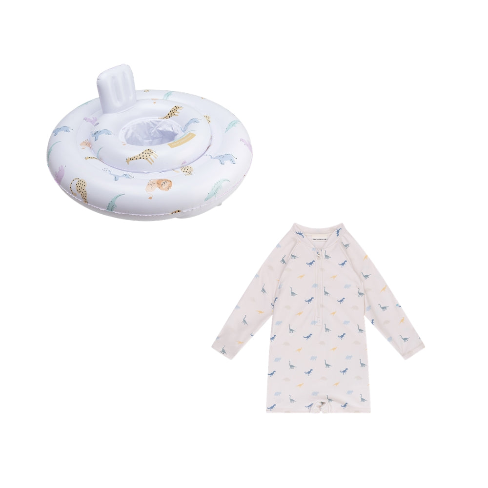 This is a set comprising a swimsuit and a baby float. The swimsuit is white and features a dinosaur print. The baby float is white and features a print of animals such as a lion, a giraffe and an elephant, against a white background.