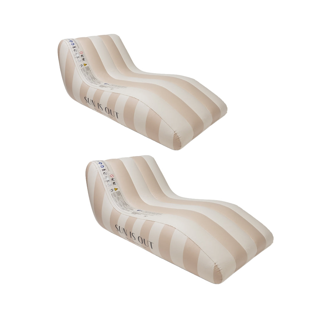 A set of two lounge floats with beige stripes. The text ‘sun is out’ is printed on the side. It is shown against a white background. 