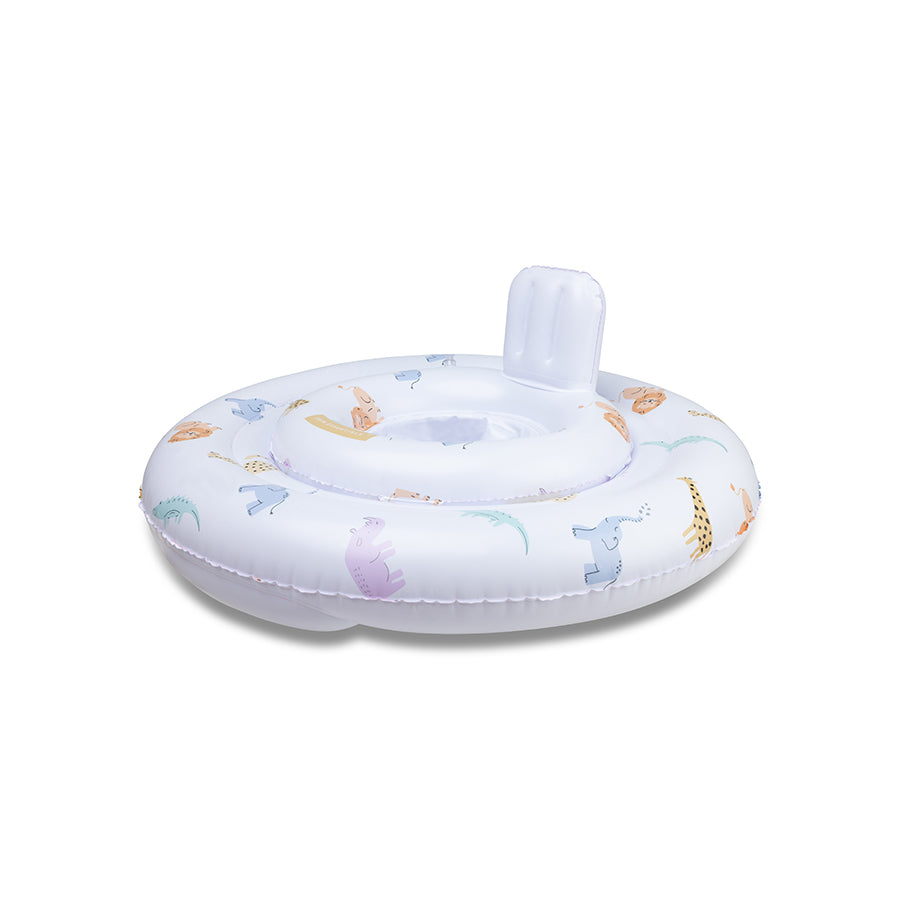 The front of a white baby float featuring an animal print, with animals such as an elephant, a lion, and a giraffe. On a white background.