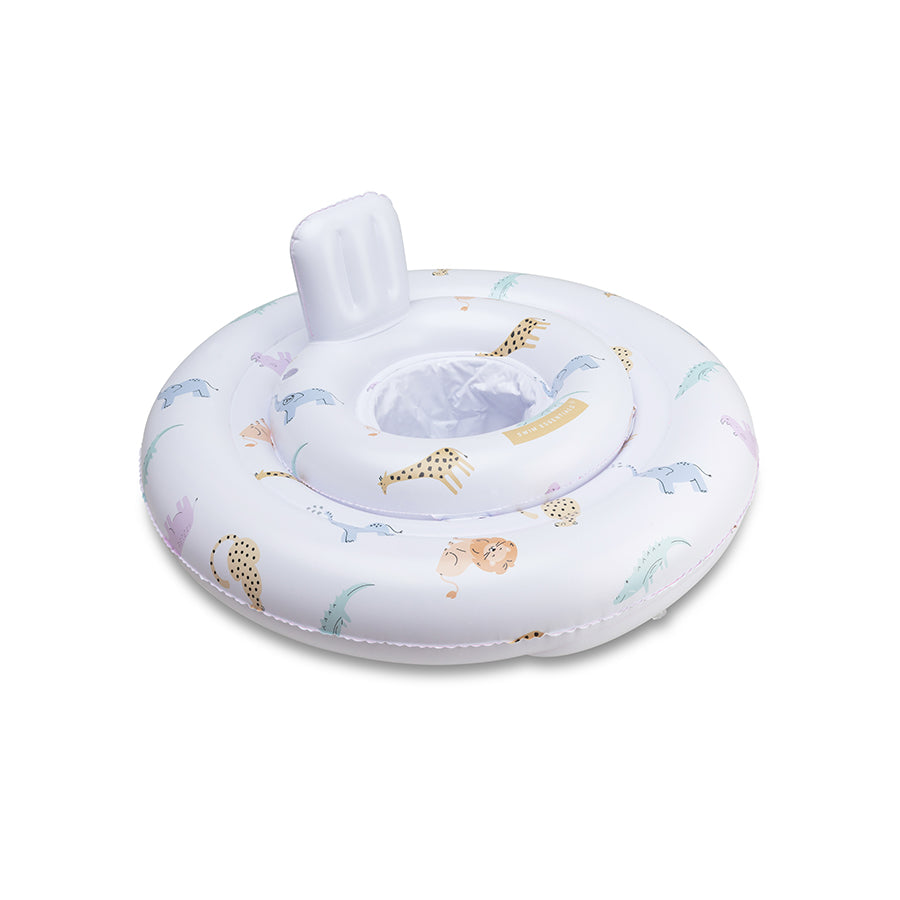 The side of a white baby float featuring an animal print, with animals such as an elephant, a lion, and a giraffe. On a white background.