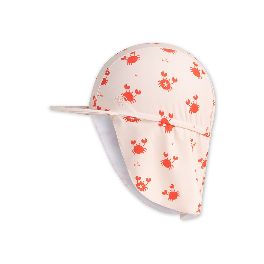 Beige sun hat with UV protection on the neck  and red crab pattern on a white background