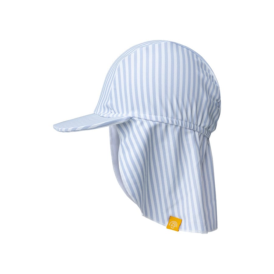 Blue and white striped sun hat with a flap and a UV protection on the neck on a white background