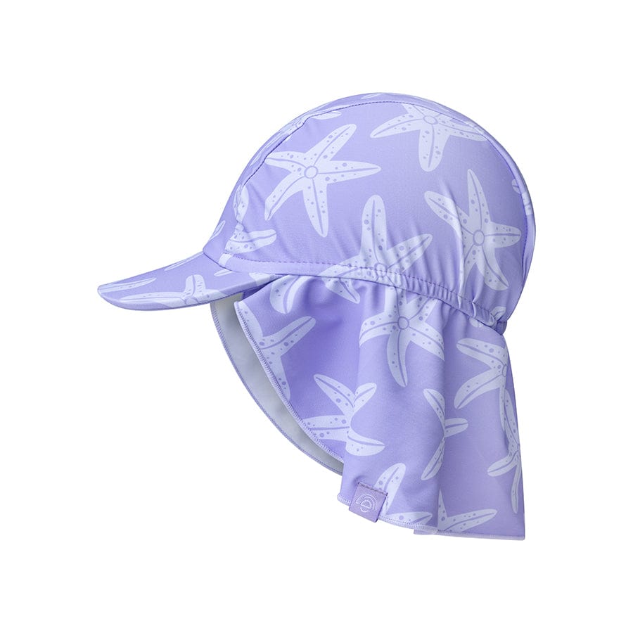 UV protection purple sun hat with starfish pattern on a white background