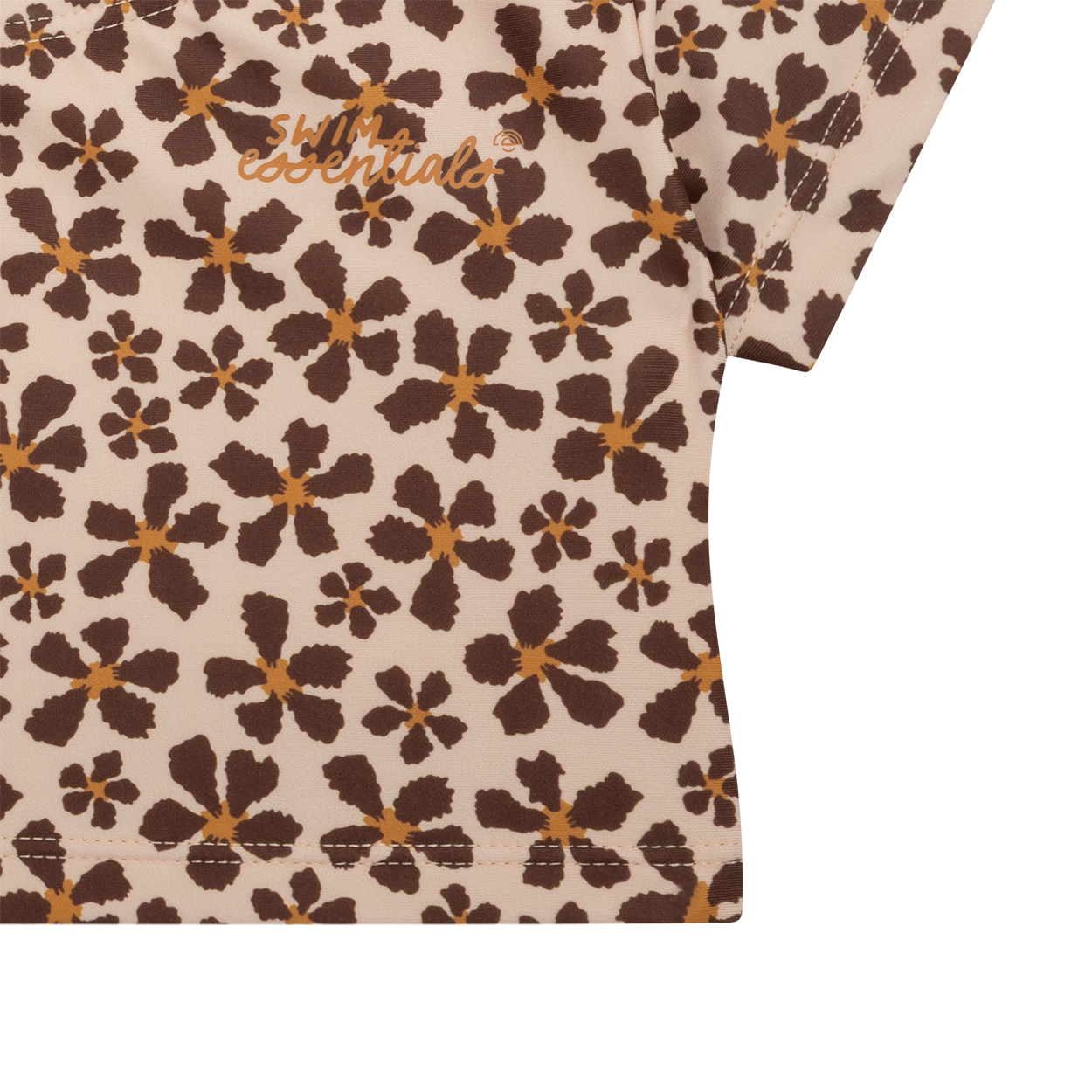 A close-up of the beige bikini top with a floral print, with the "Swim Essentials" logo in the top right corner. The background is white.