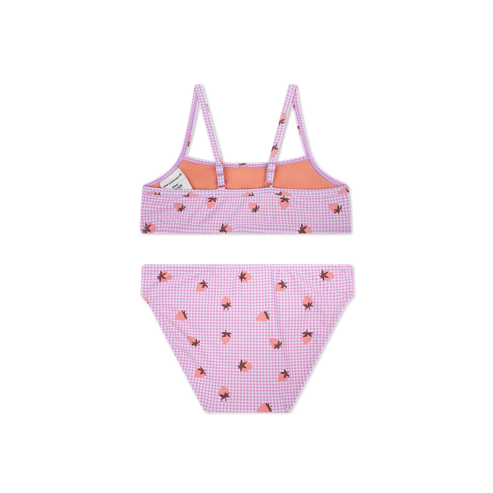 The back of a pink checkerd bikini with a strawberry print on a white background