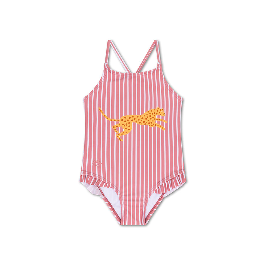 Pink and white striped swimsuit with yellow leopard design on a white background