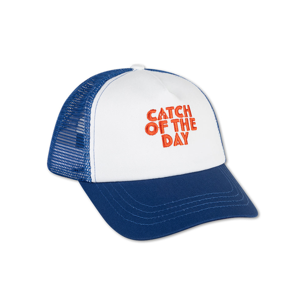 Blue and white cap with 'Catch of the Day' text on a white background