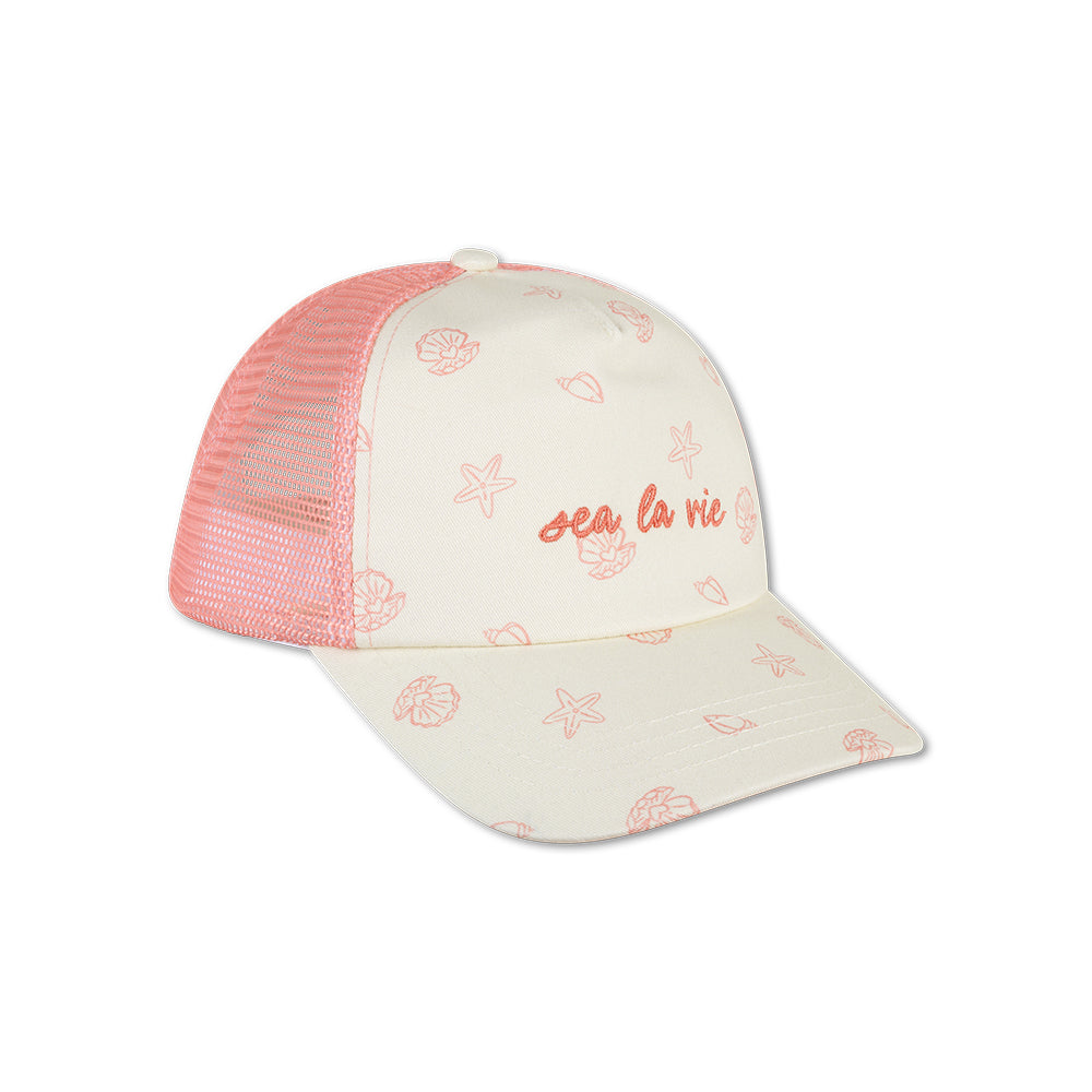 Cap with pink mesh back and white front featuring sea-themed designs and 'sea la vie' text on a white background.