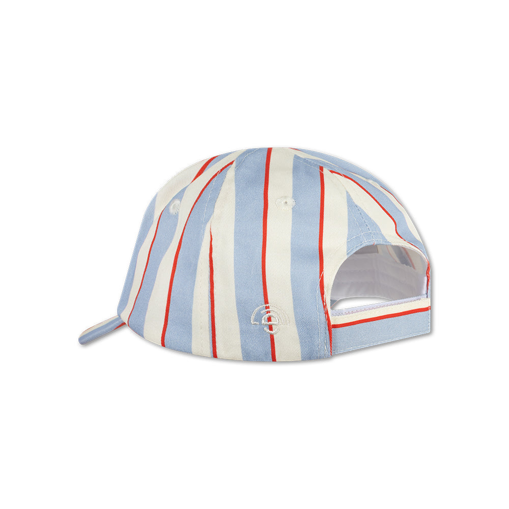 Back of a Striped cap with red, white, and blue colors on a white background