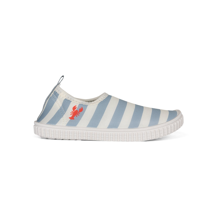 SINGLE blue and white striped water shoes on a white background