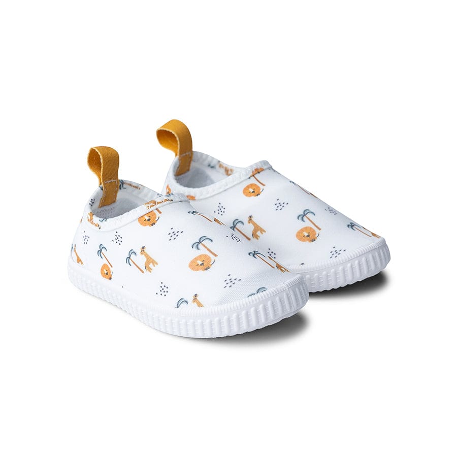 White children's water shoes with animal patterns on a white background